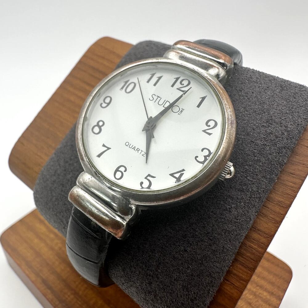 Studio Time Quartz Bangle Watch Silver Tone White Dial Black Band